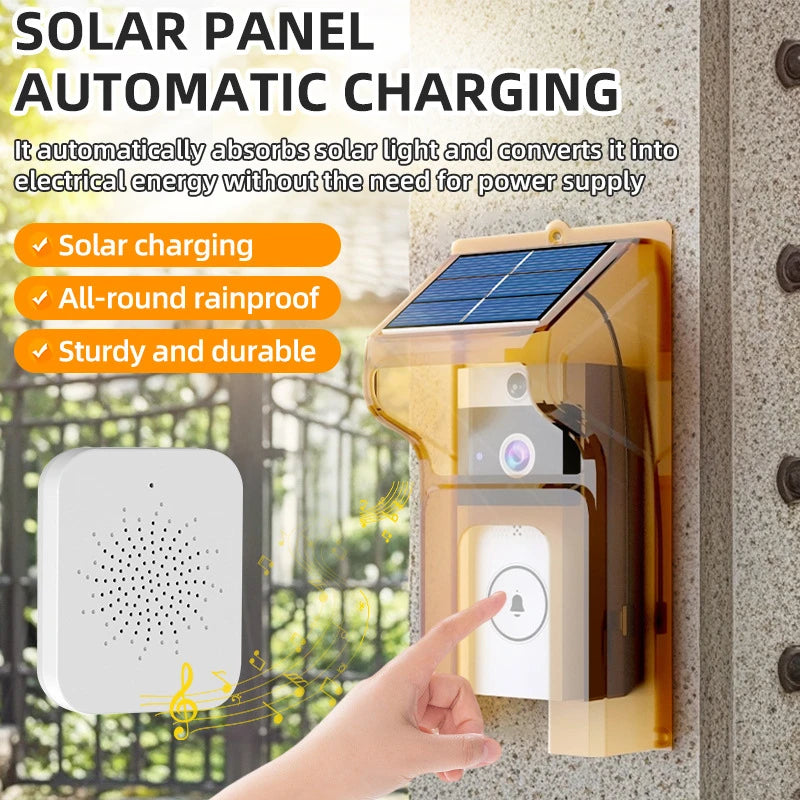 Wireless solar video doorbell in a protective cover, shown with a matching white indoor chime.