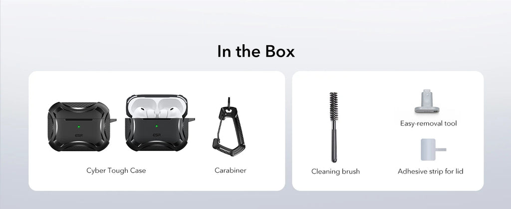 Black ESR Cyber tough protective case for AirPods with carabiner, cleaning brush, and removal tool.