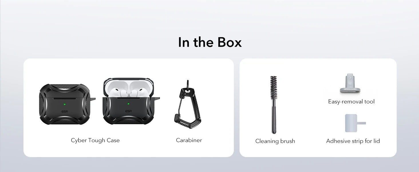 Black ESR Cyber tough protective case for AirPods with carabiner, cleaning brush, and removal tool.