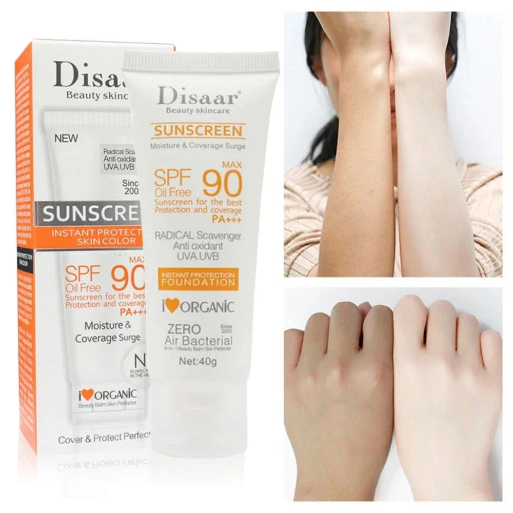 SPF 90 oil-free sunscreen tube and box with before-and-after photos showing skin brightening effect.
