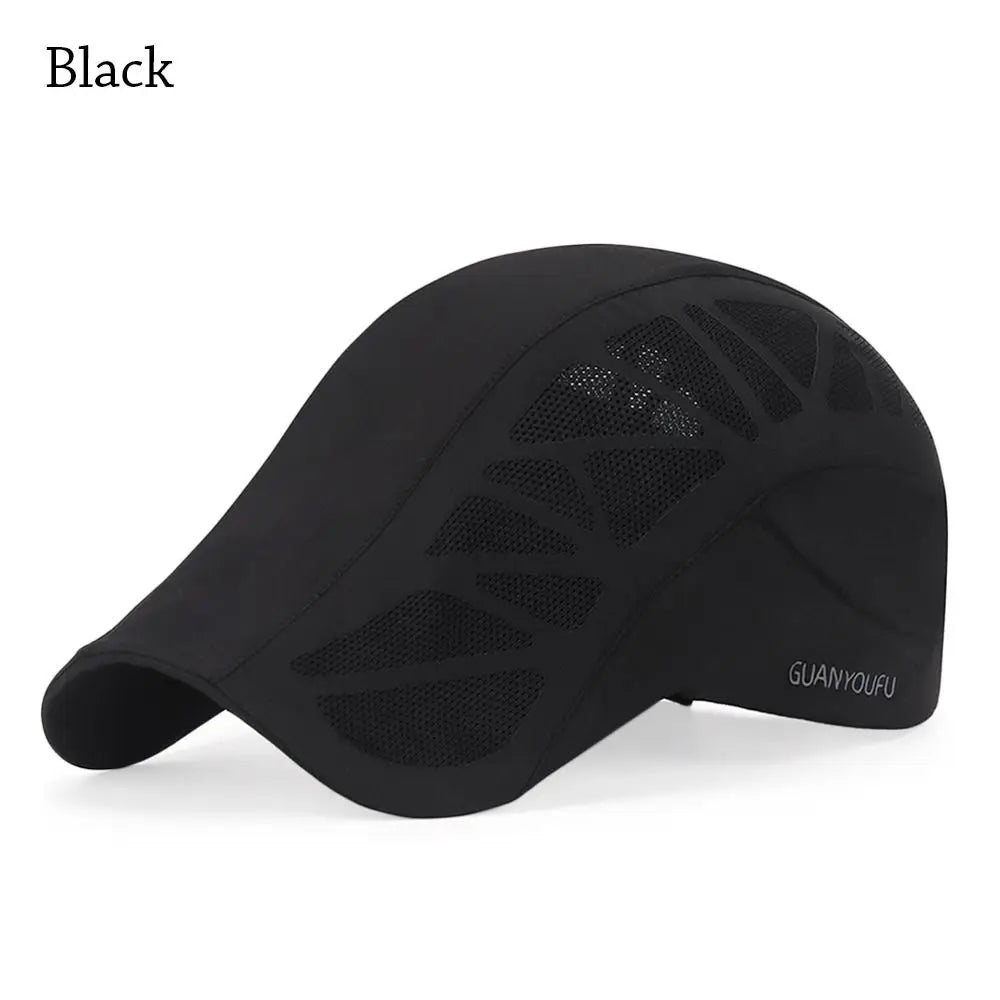 Black men's newsboy flat cap featuring a modern, breathable mesh panel design and a curved brim.