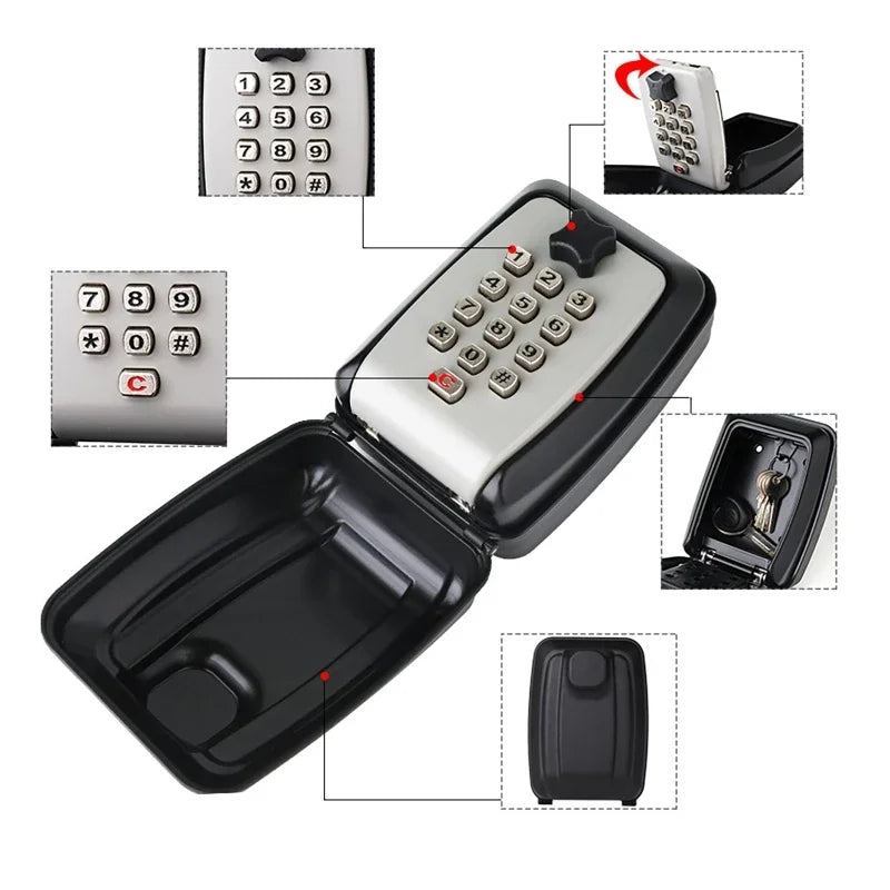 Black metal wall-mounted key lock box with a light grey, push-button combination keypad and internal storage hook.