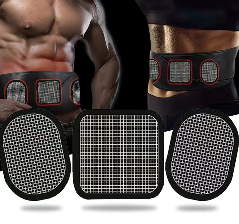 Black abdominal muscle stimulator belt with red-rimmed contact pads, shown on fitness models with extra pads included.