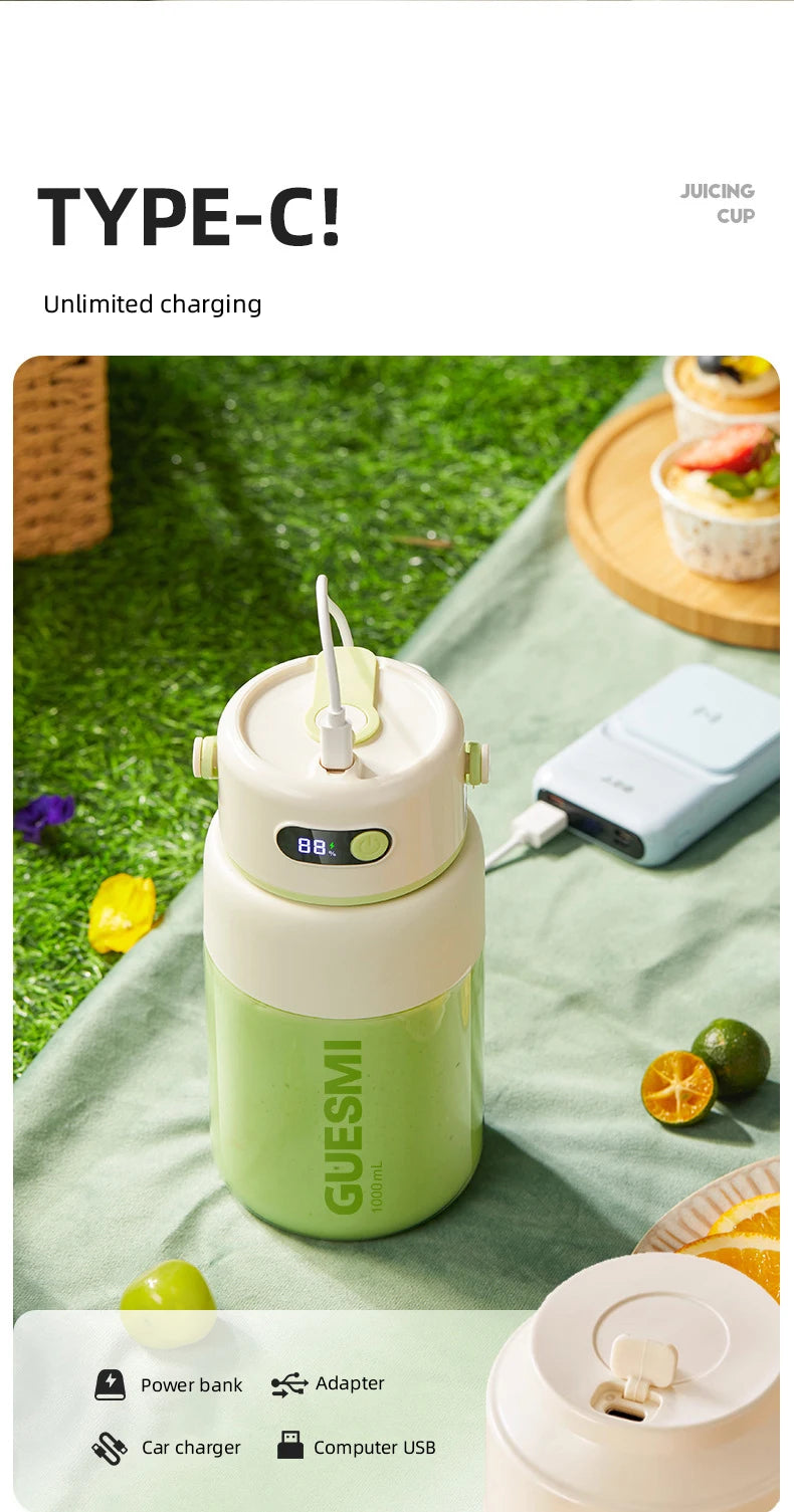 Light green and cream portable electric juicing cup with a Type-C charging port and digital battery display.