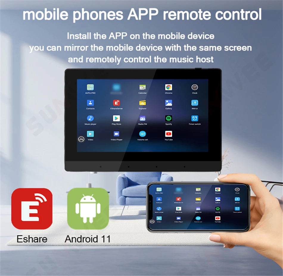 Black 7-inch wall-mounted Android touch screen amplifier showing app icons, mirrored by a smartphone.