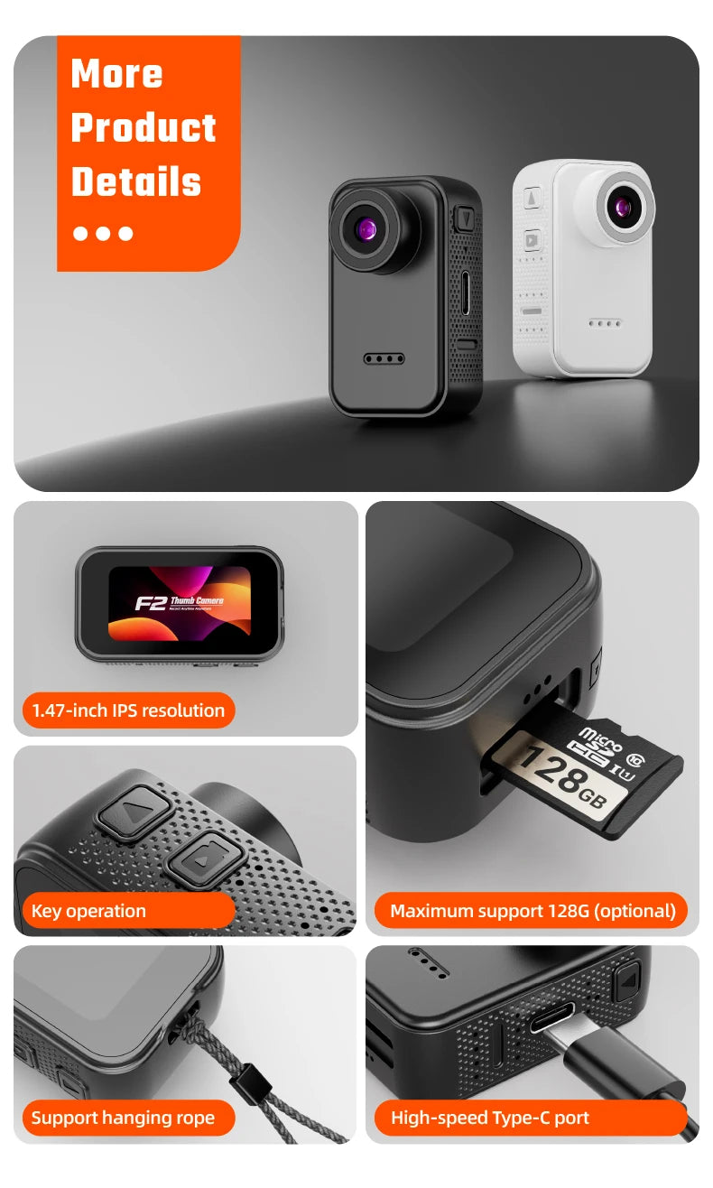 Black and white plastic thumb cameras with 1.47-inch screens, microSD slot, control buttons, and Type-C charging port.