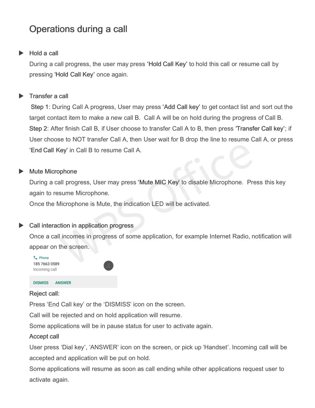 Informational document detailing phone operations like holding, transferring, muting, and managing incoming calls.