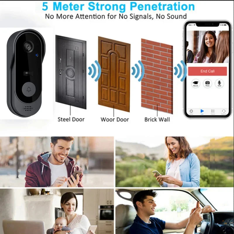 Sleek black wireless video doorbell showing connectivity through doors and walls, controlled via a mobile smartphone app.