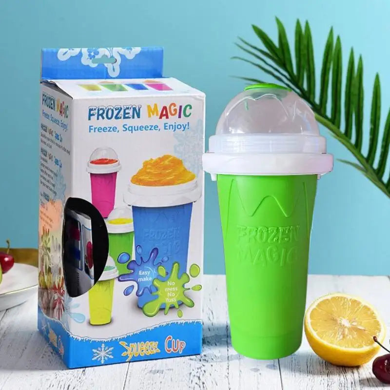 Bright green DIY slushy maker cup with a clear dome lid, standing next to its retail packaging box.