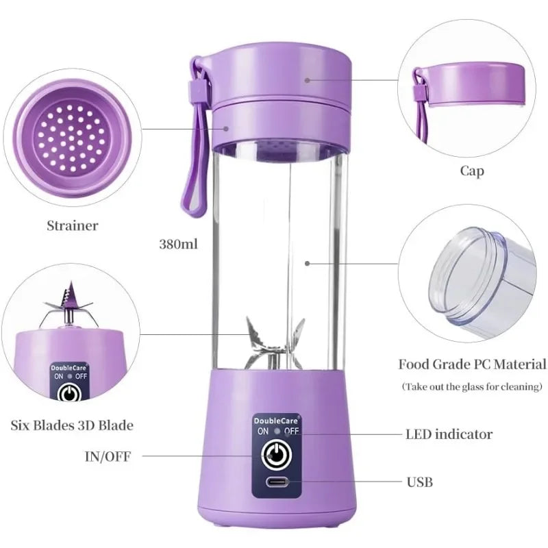 Portable purple 380ml blender with 6 stainless steel blades, USB charging, strainer, and LED power indicator.