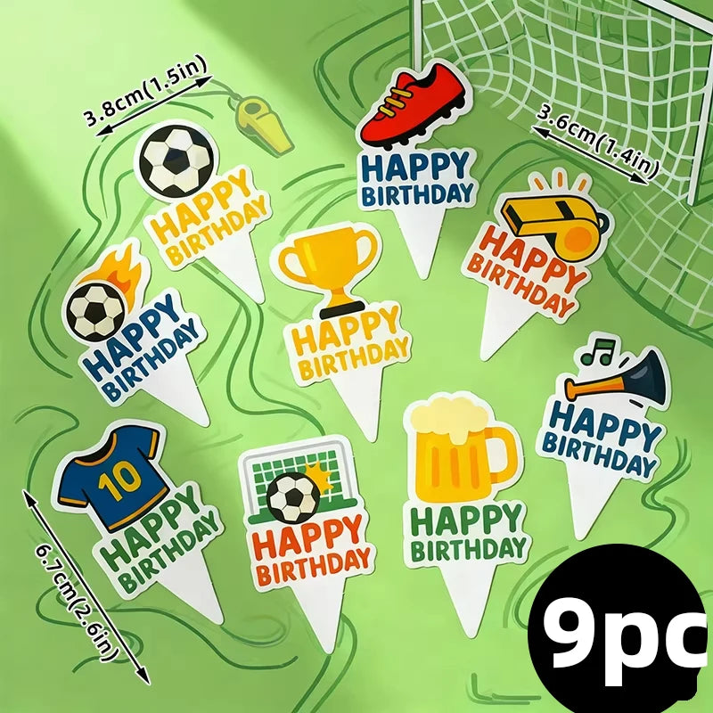 Set of 9 colourful football-themed cake toppers featuring soccer balls, boots, trophies, and whistles for birthdays.