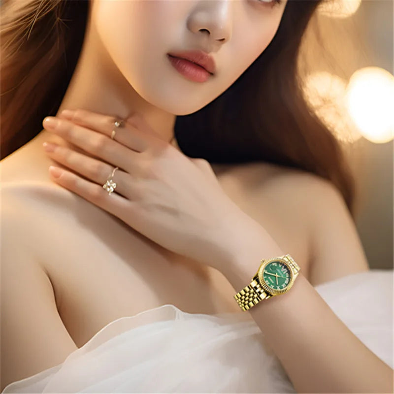Elegant ladies' quartz wristwatch with a gold-tone alloy strap and a vibrant green dial.