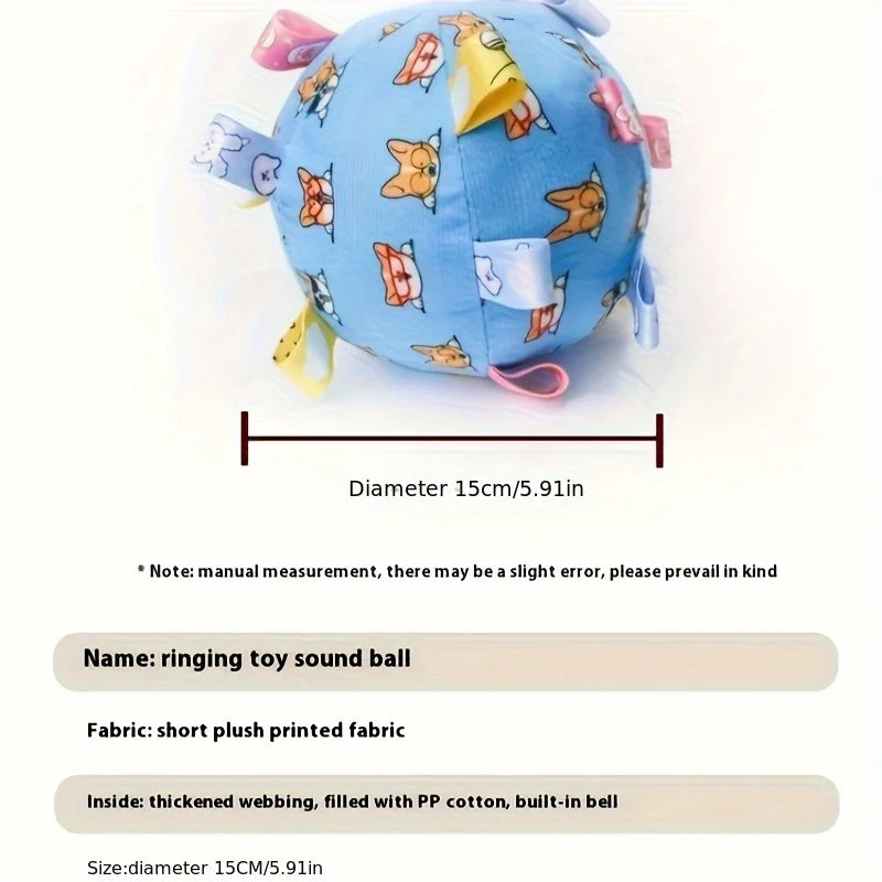 Blue, 15cm soft fleece dog ball featuring a cute dog pattern and colourful fabric tags with a built-in jingle bell.