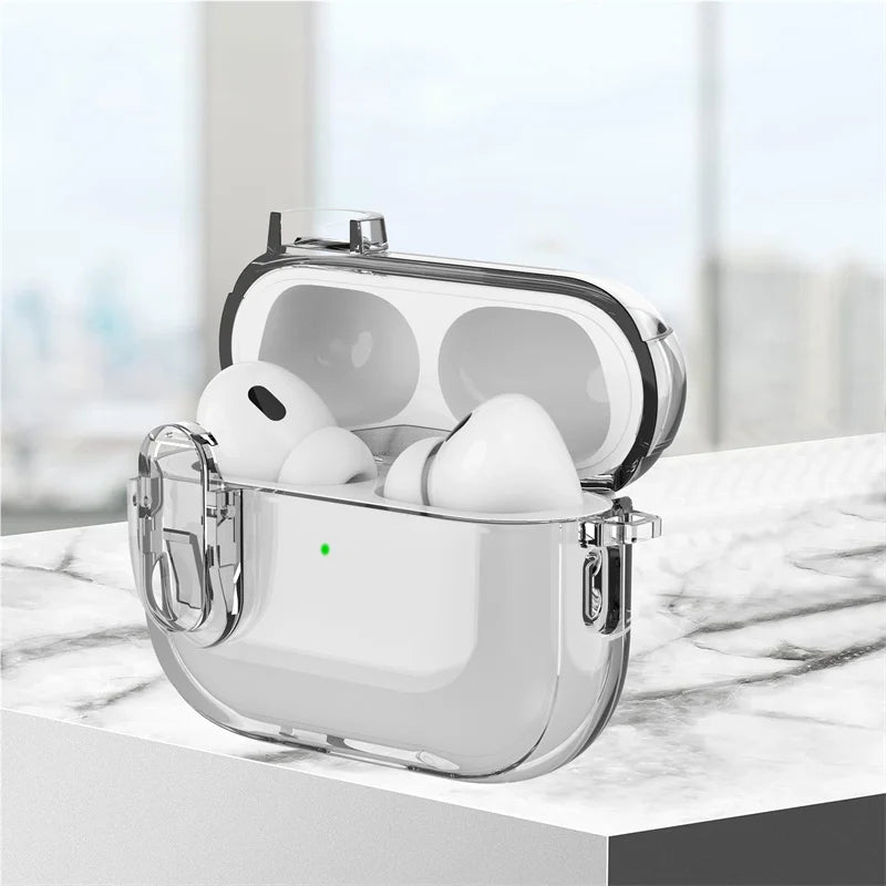 Clear protective hard-shell case for Apple AirPods Pro, featuring a secure locking latch design.