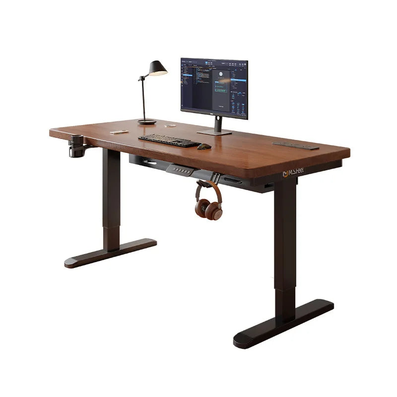 Brown standing desk with black metal legs, a computer monitor, keyboard, mouse, lamp, and accessories on top.