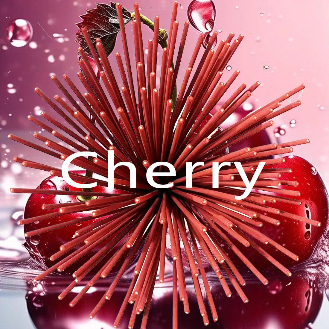 A sunburst of thin, red cherry-flavoured biscuit sticks arranged against a backdrop of fresh, glistening cherries.