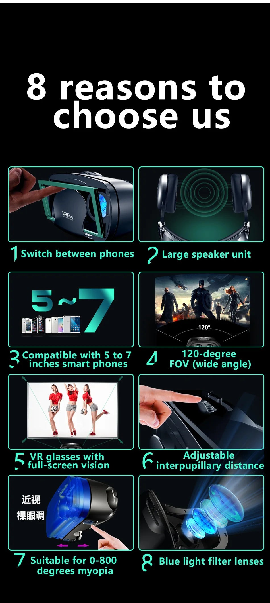 Infographic showing 8 features of black VR headset: adjustable lenses, large speakers, wide FOV, and blue light filters.