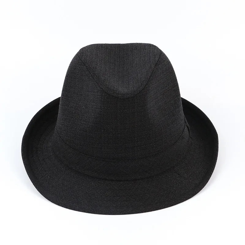 Classic black fedora hat with a subtle textured plaid pattern and a structured brim, set against a white background.
