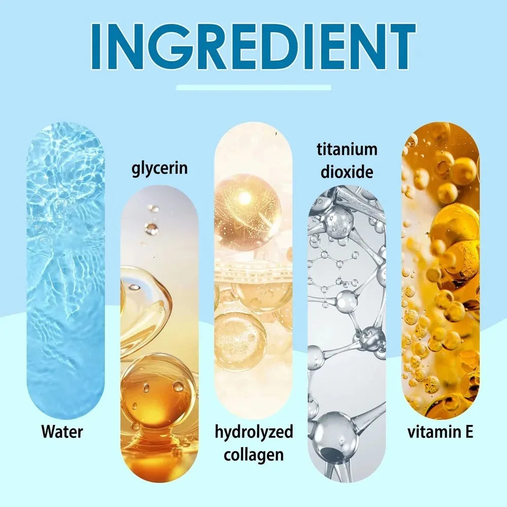 Five vertical, rounded panels showing water, glycerin, collagen, titanium dioxide molecules, and vitamin E oil droplets.