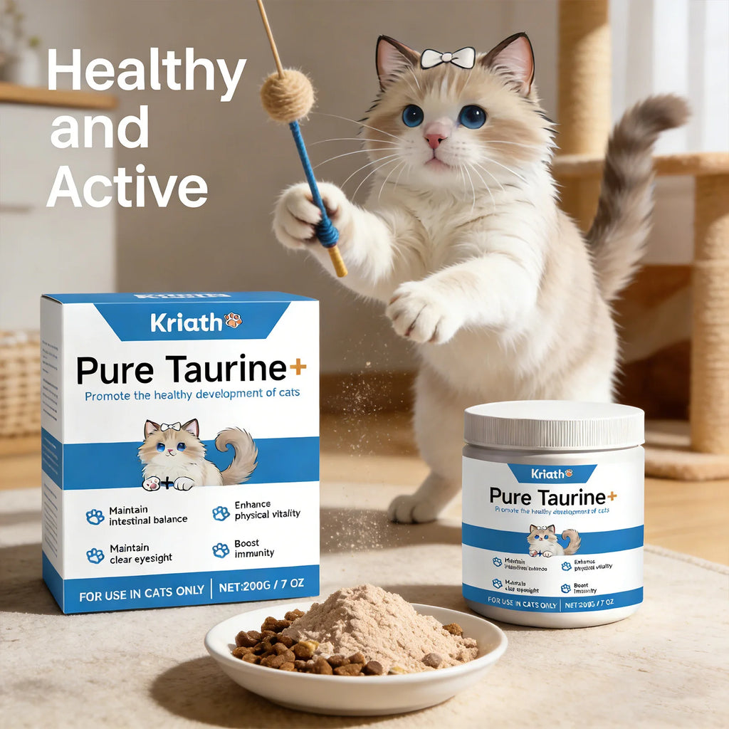 Blue and white packaging for cat taurine powder supplement, alongside a bowl of food and a playful kitten.