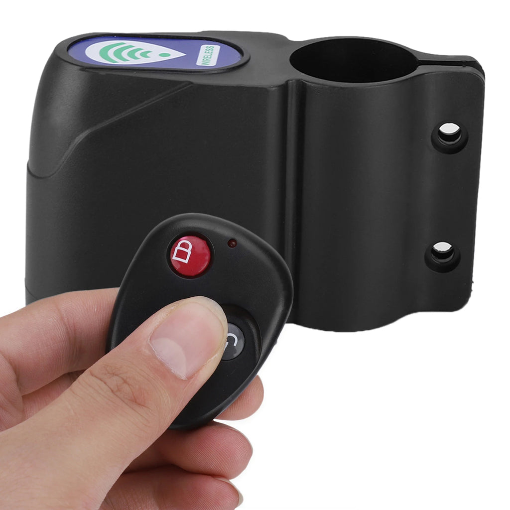 Black plastic wireless handlebar bike alarm with a handheld remote control featuring lock and unlock buttons.