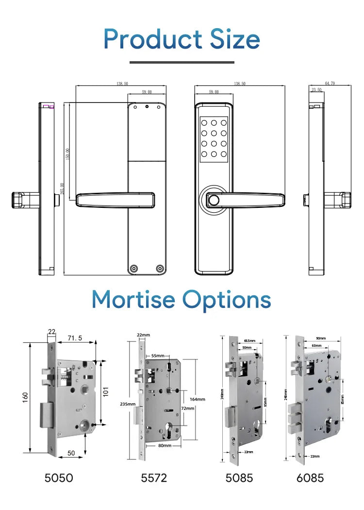 Technical diagram showing dimensions and mortise lock options for a smart electronic door lock.