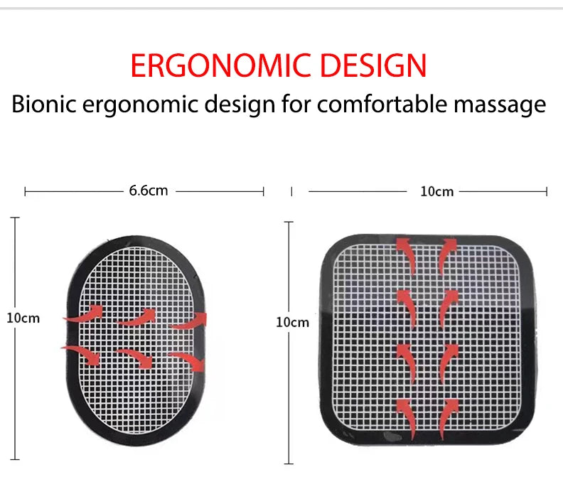 Black ergonomic stimulation pads with a white grid pattern, showing dimensions of 6.6cm x 10cm and 10cm x 10cm.
