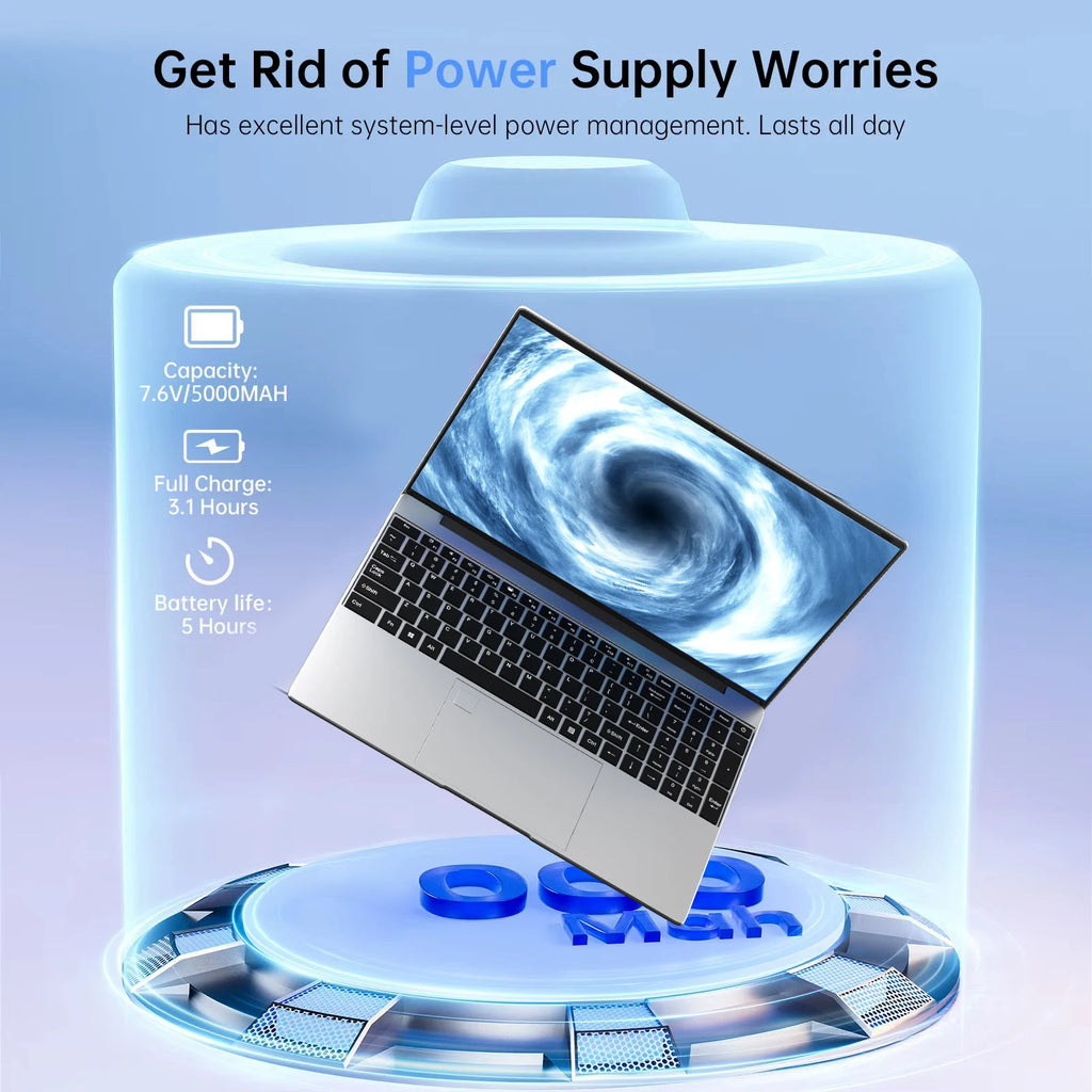 Silver 15.6-inch laptop inside a glowing battery graphic, highlighting long-lasting power and efficient performance.