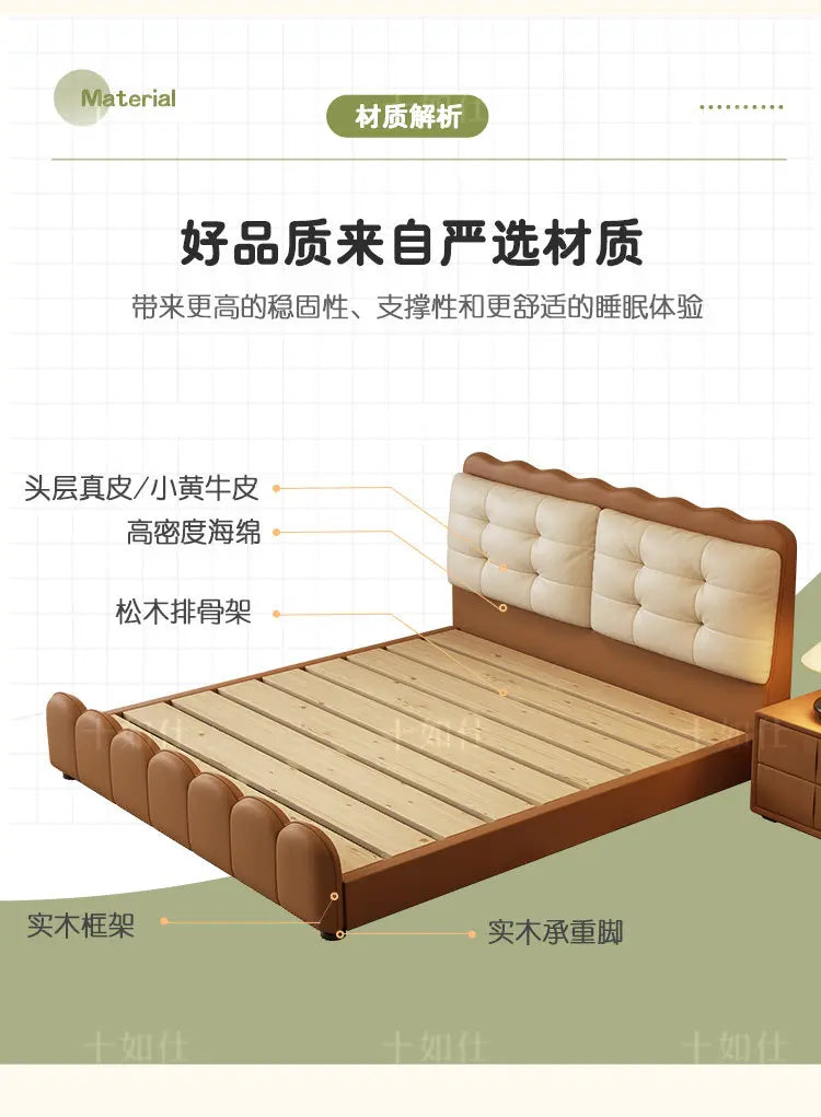 Modern platform bed with a brown leather frame, cream tufted headboard, and sturdy wooden slats.