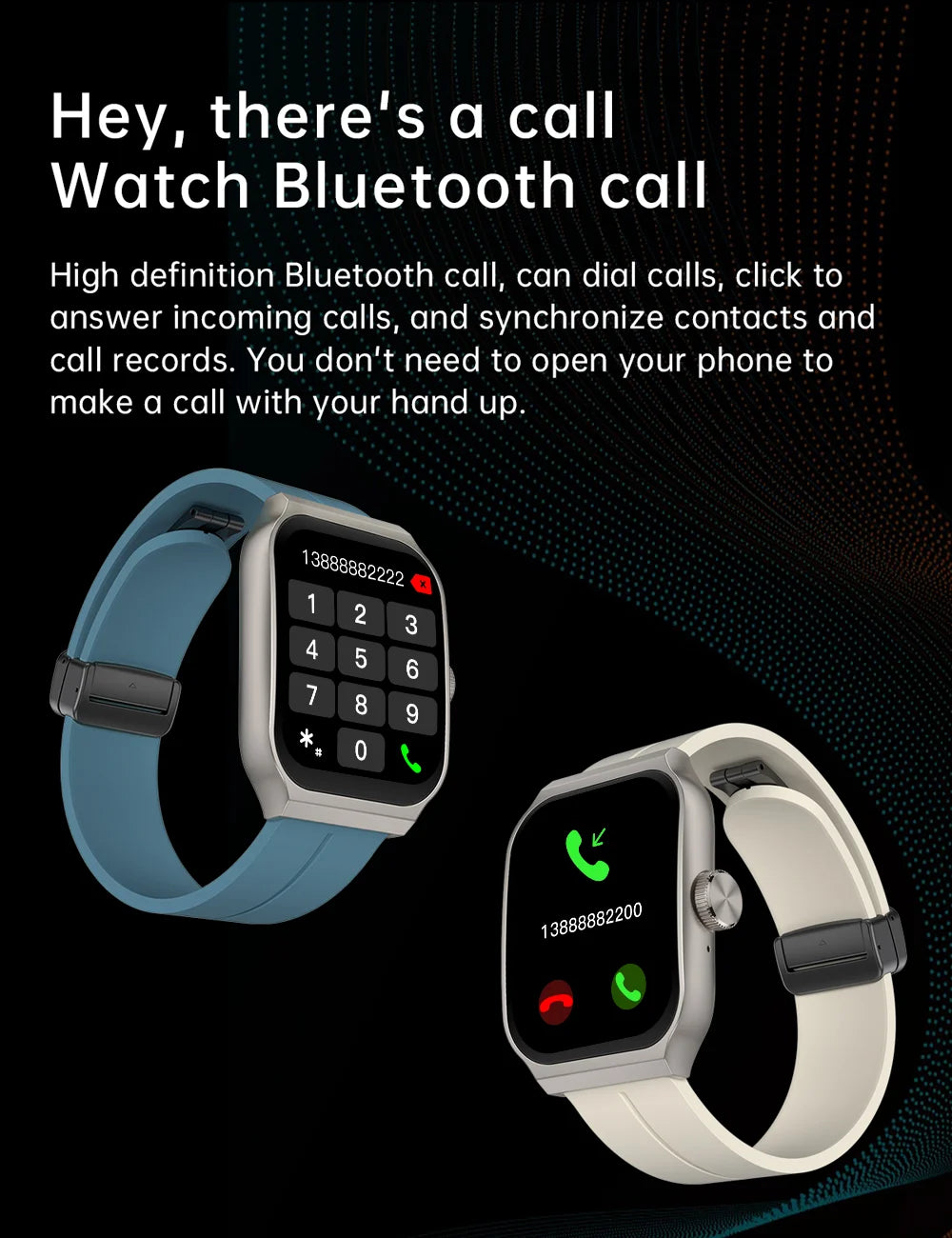 Two smartwatches with 2.01-inch curved screens and Bluetooth calling. Available in blue and off-white silicone straps.