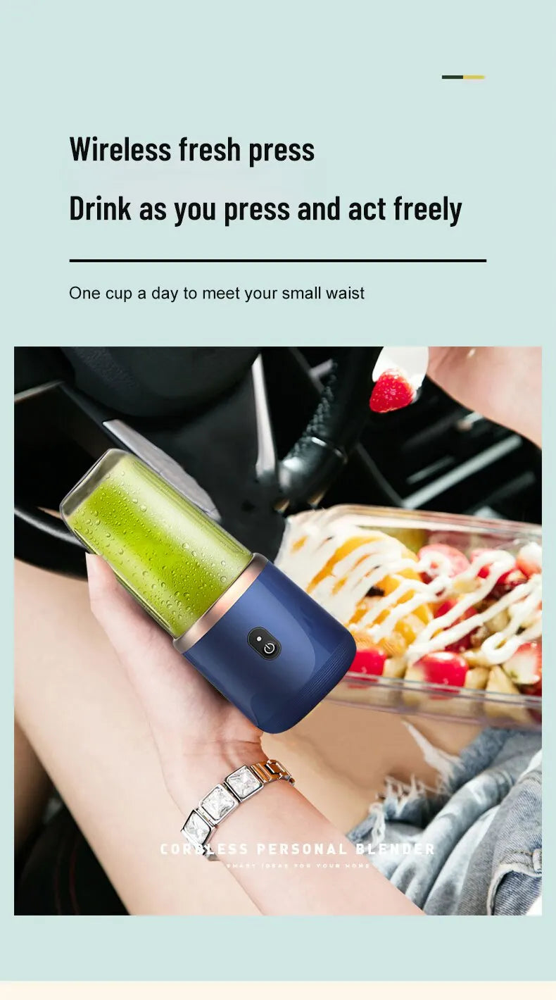 A hand holding a sleek, cordless navy blue and rose gold personal blender filled with a green smoothie.