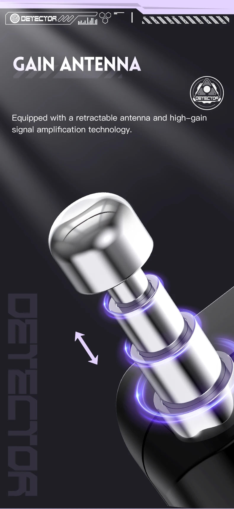 Close-up of a sleek, silver, retractable antenna on a black privacy detector device with purple light accents.