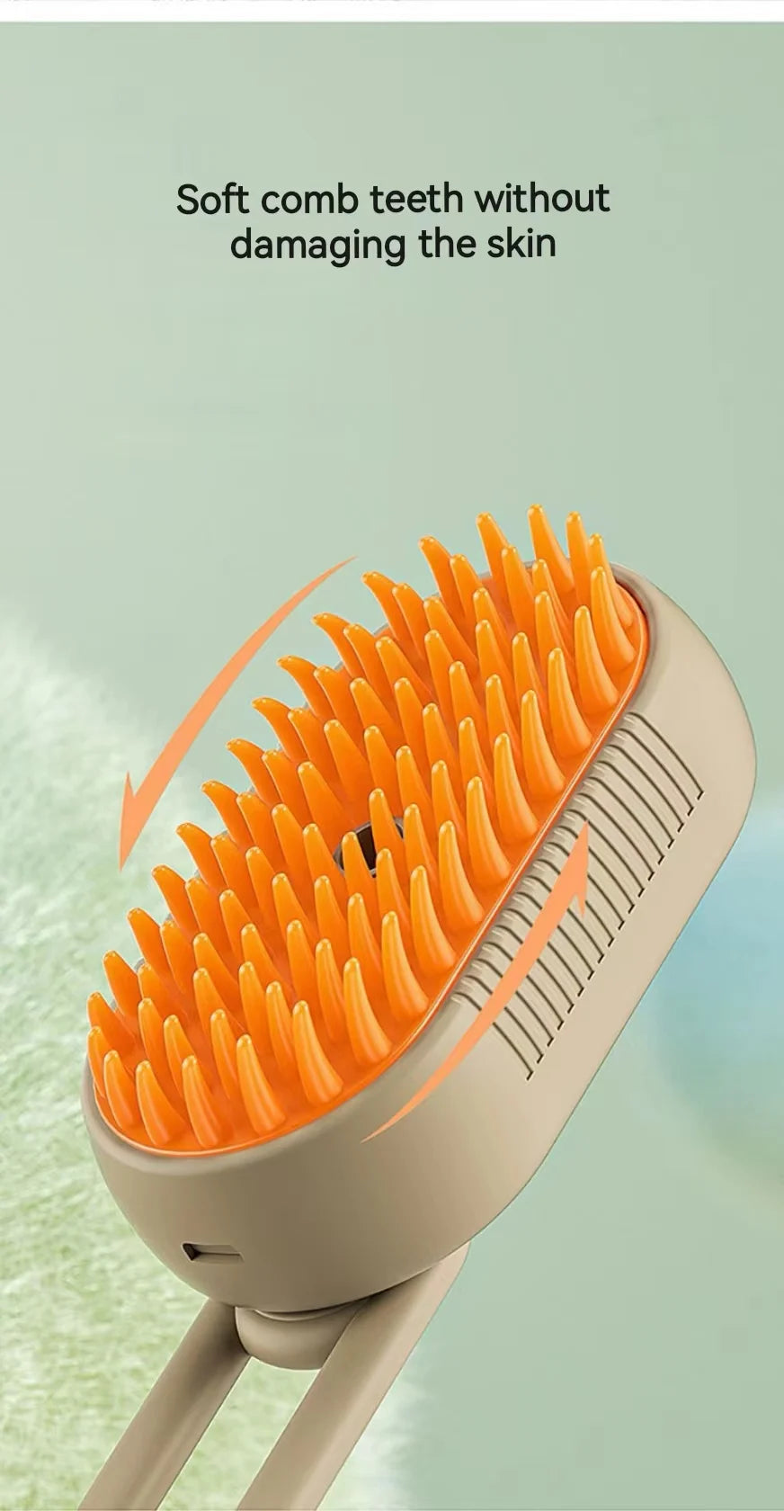 Beige pet grooming brush with soft orange silicone teeth on a pastel green background.