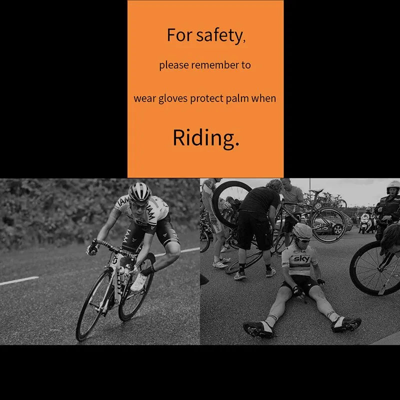 Orange box with cycling safety text above black and white photos of professional cyclists.