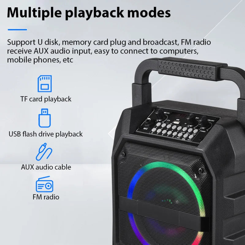 Black portable speaker with top handle, LED light ring, control panel, and icons showing multiple input modes.