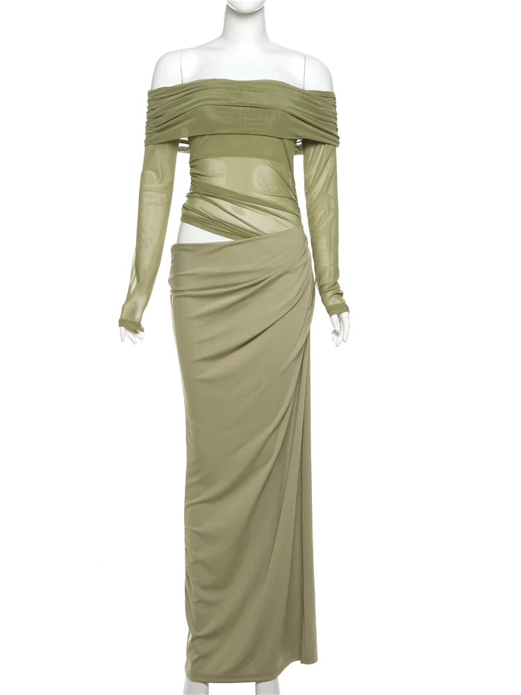 Olive green long-sleeve off-shoulder maxi dress with ruched mesh, cutout waist, and asymmetric drape.