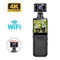 Black plastic 4K body camera with a built-in screen, Wi-Fi connectivity, and a 180-degree rotating camera lens.