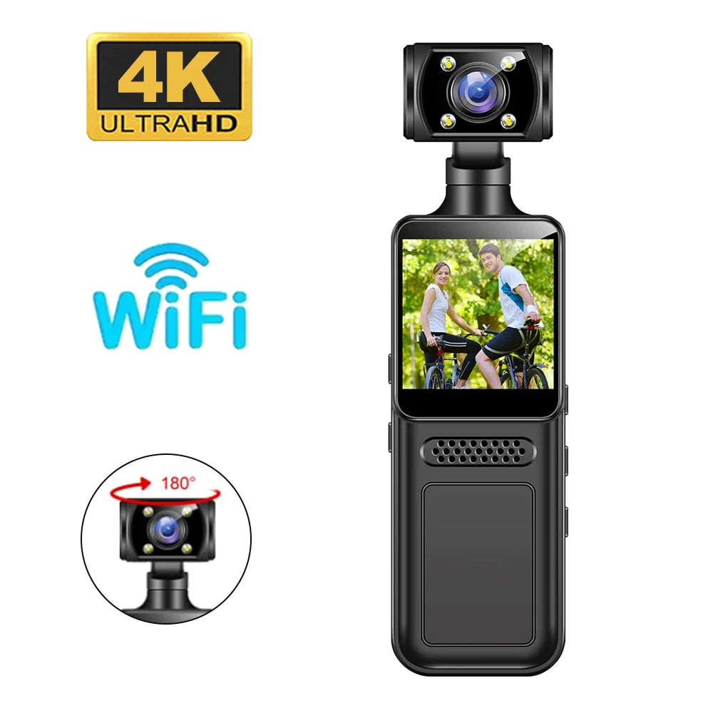 Black plastic 4K body camera with a built-in screen, Wi-Fi connectivity, and a 180-degree rotating camera lens.