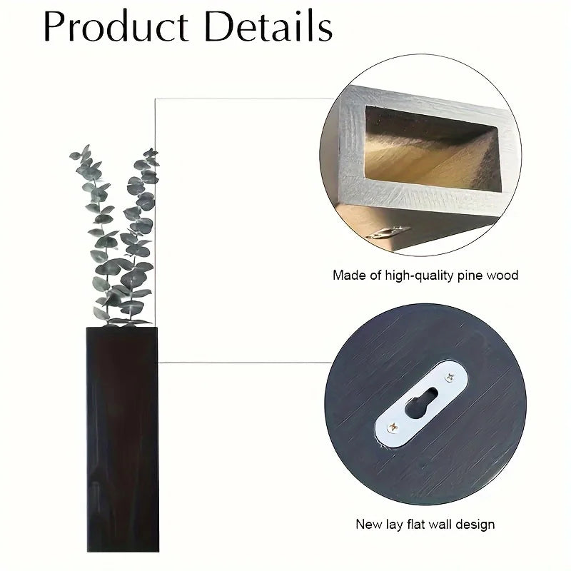 Rustic dark wood wall-mounted vase with eucalyptus stems, featuring a sturdy pine build and flat-back mounting bracket.