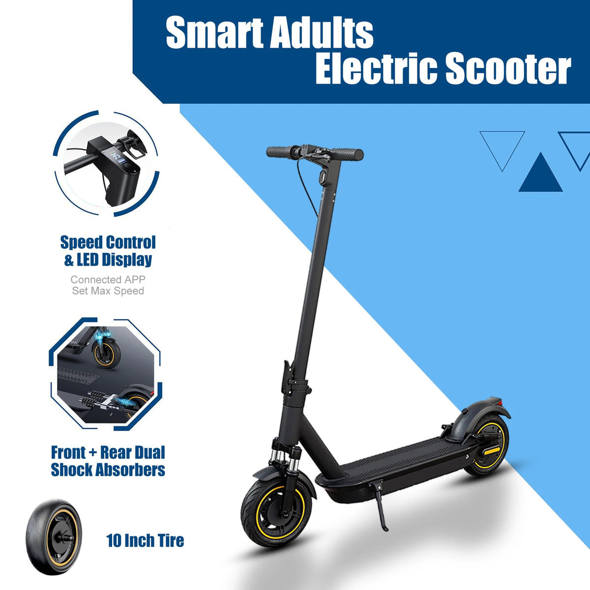 Black AOVOPRO electric adult scooter with handlebars, 10-inch yellow-accented tires, kickstand, and a foldable frame.