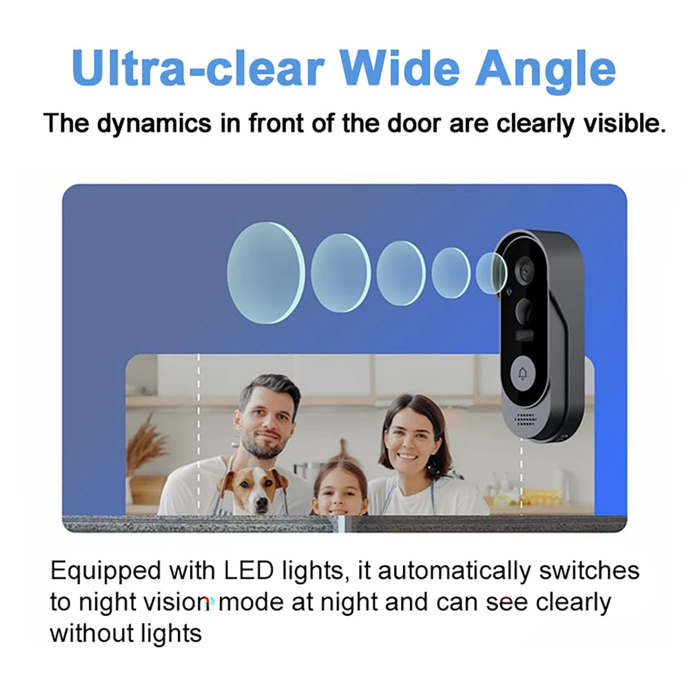 Sleek black wireless video doorbell showing a wide-angle view of a family, featuring automatic night vision.