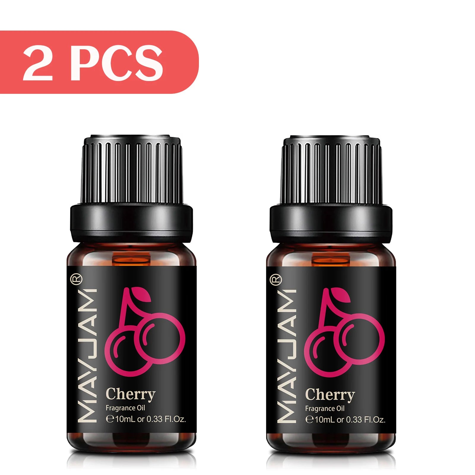 Two 10ml amber glass bottles of cherry-scented fragrance oil with black dropper caps, displayed as a two-piece set.