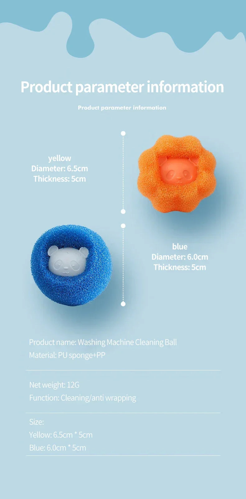 Orange and blue panda-shaped laundry cleaning balls made from PU sponge, shown with product dimensions.