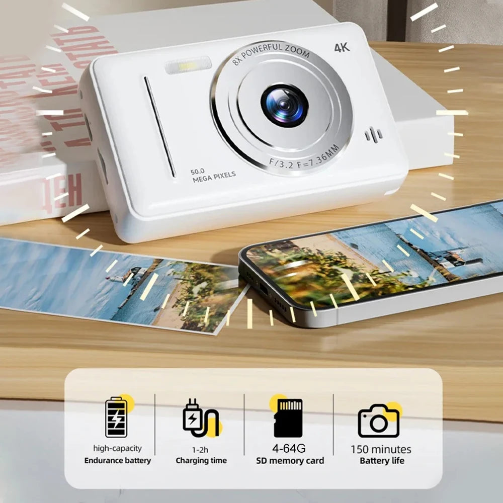 White plastic 50MP 4K digital camera with 8x zoom lens, shown printing a photo next to a smartphone.