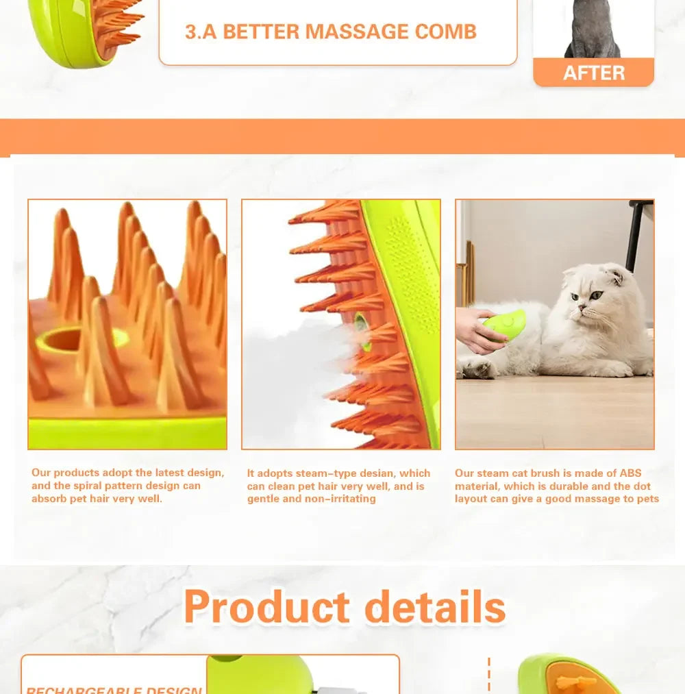 Bright green and orange 3-in-1 pet grooming brush with soft silicone bristles, steam function, and ergonomic design.