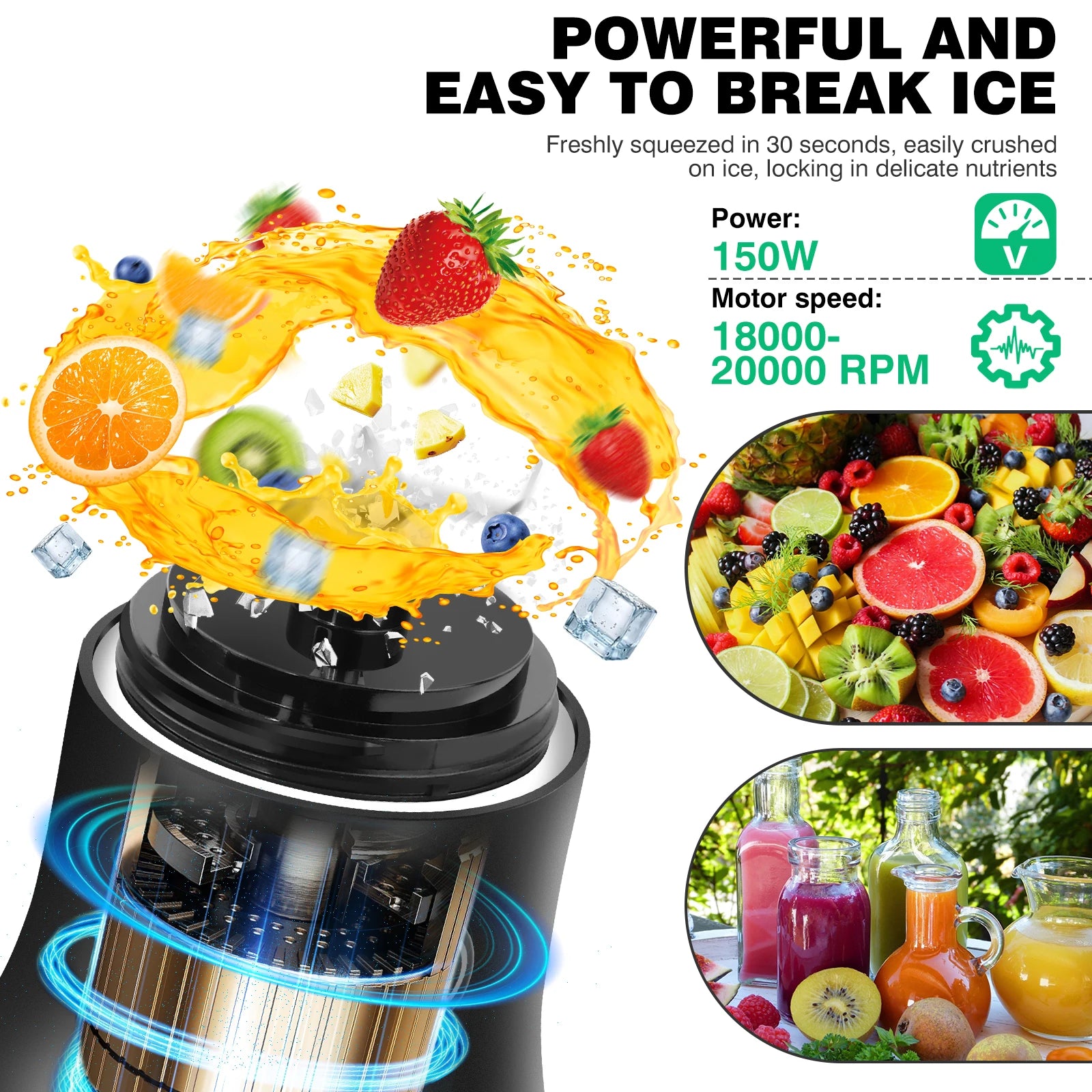 Black portable blender with powerful motor, surrounded by splashing fruit and ice, shown with finished smoothie jars.