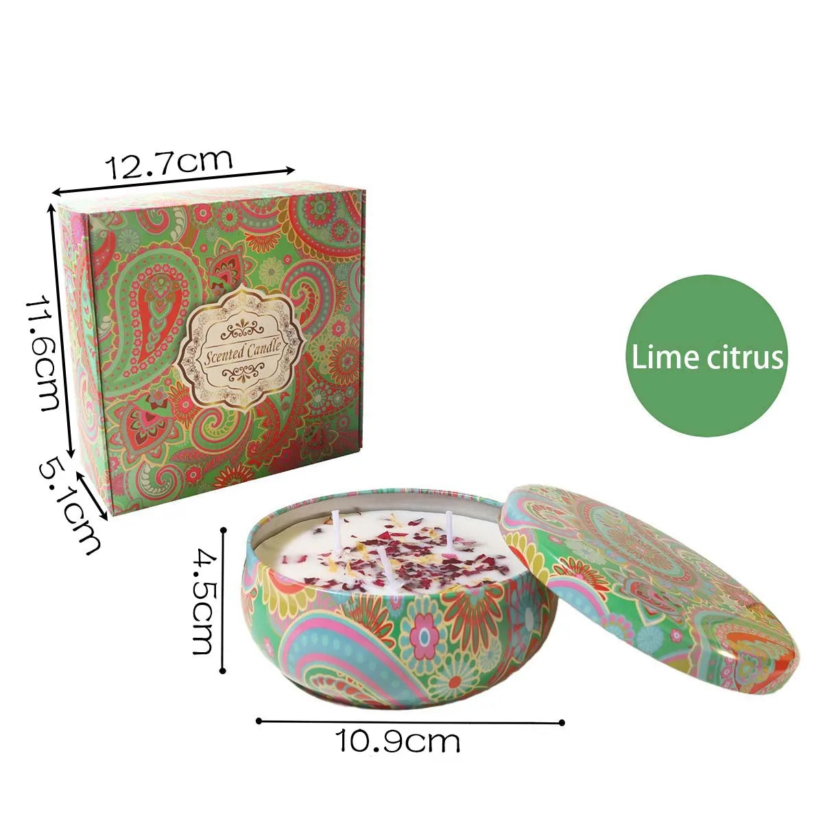 Lime citrus scented candle in a colourful paisley-patterned tin with gift box and decorative dried petals.