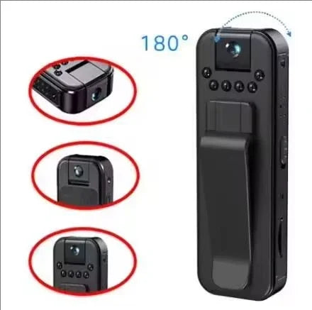 Black plastic body camera with a rotating 180-degree lens, a back clip, and control buttons.