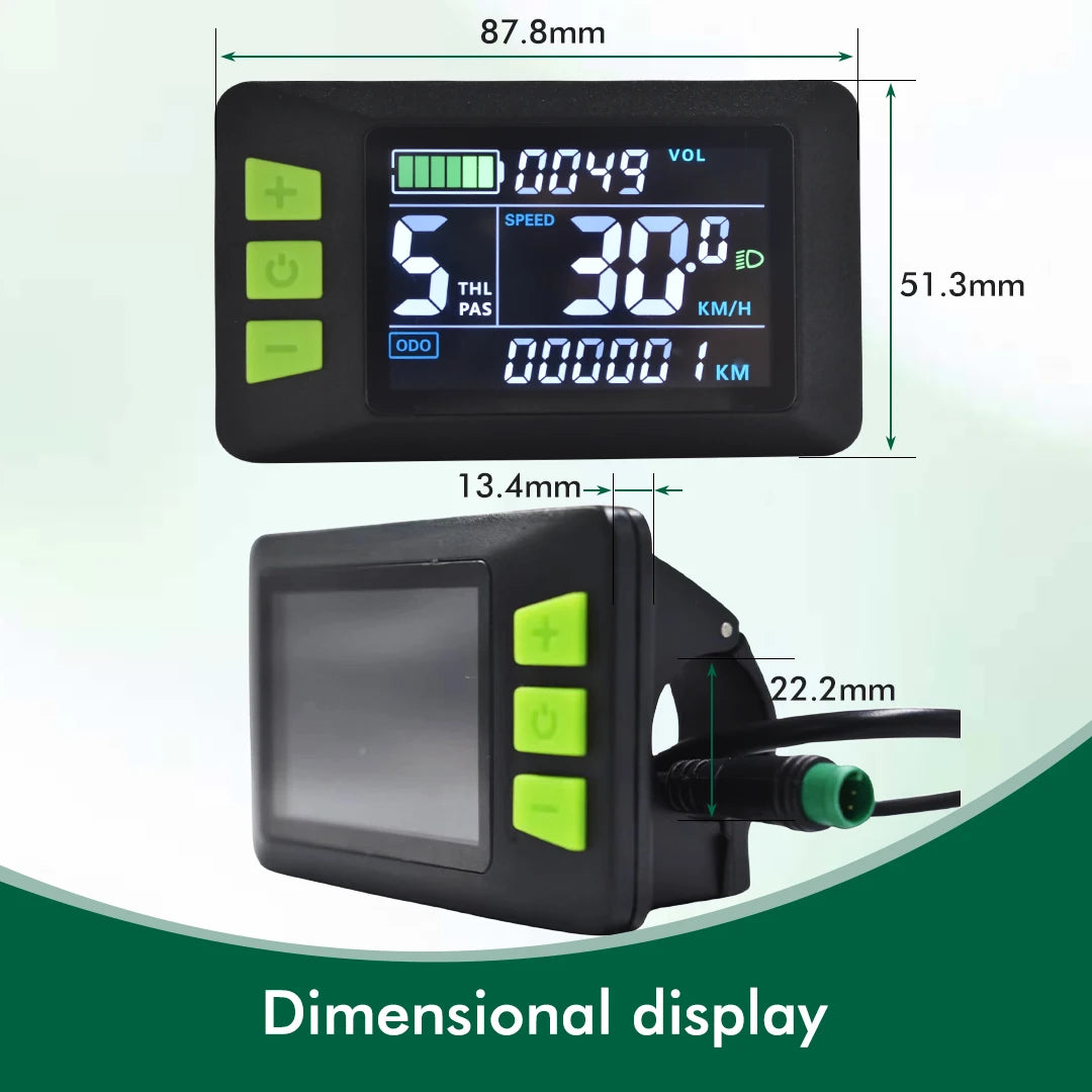 Black waterproof electric bike LCD display with three green control buttons, dimensions, and wiring.