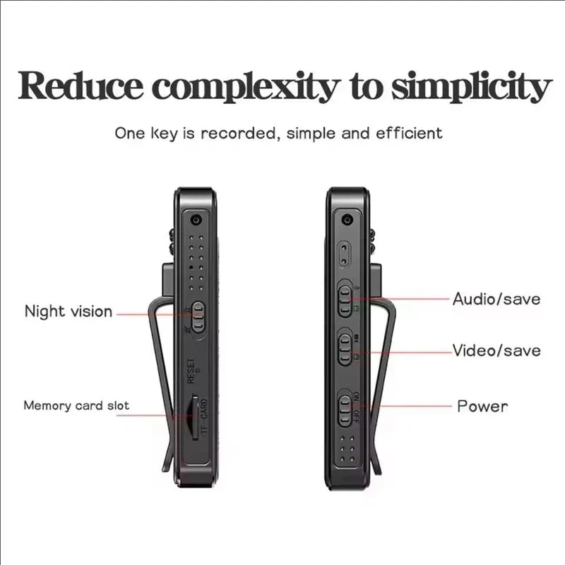 Black plastic pocket body camera with clip, side buttons for power, audio, video, night vision, and SD card slot.